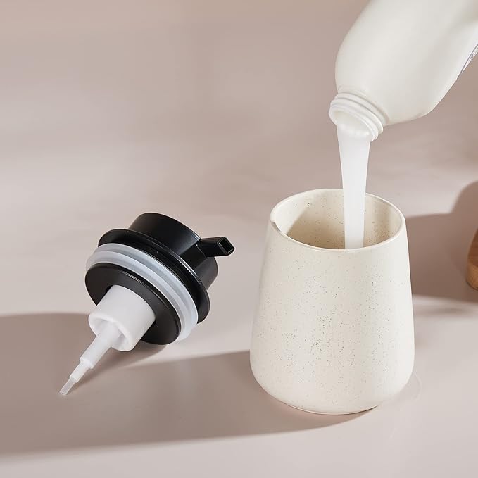 12Oz Foaming Soap Dispenser - Ceramic Foam Hand Soap Dispenser with Easy-to-Press Black Pump, Reusable and Refillable Lotion Dish Soap Dispensers for Bathroom & Kitchen, Speckled Matte Beige