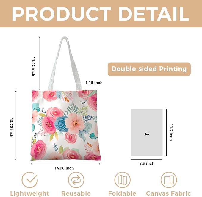 Cute Aesthetic Canvas Tote Bag for Women, Reusable Foldable Shopping Cotton Shoulder Totebag with Zipper Pocket
