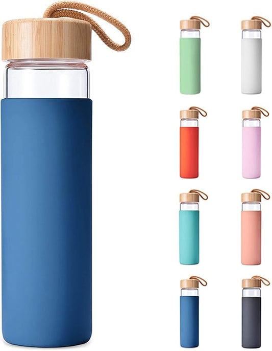 20 Oz Borosilicate Glass Water Bottles with Silicone Sleeve BPA Free, Dishwasher Safe - Reusable Clear Glass Drinking with Leak Proof Bamboo Lid | Perfect Gym Water Bottles for Men & Women
