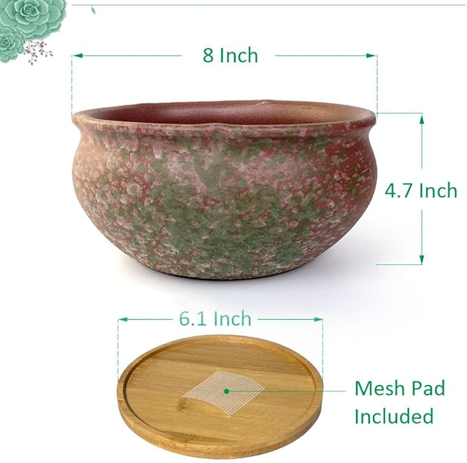 8 Inch Glazed Terracotta Plant Pot Round Ceramic Succulent Planter Pot with Drainage and Saucer Cactus Clay Pot Bonsai Pot (Pink and Green)
