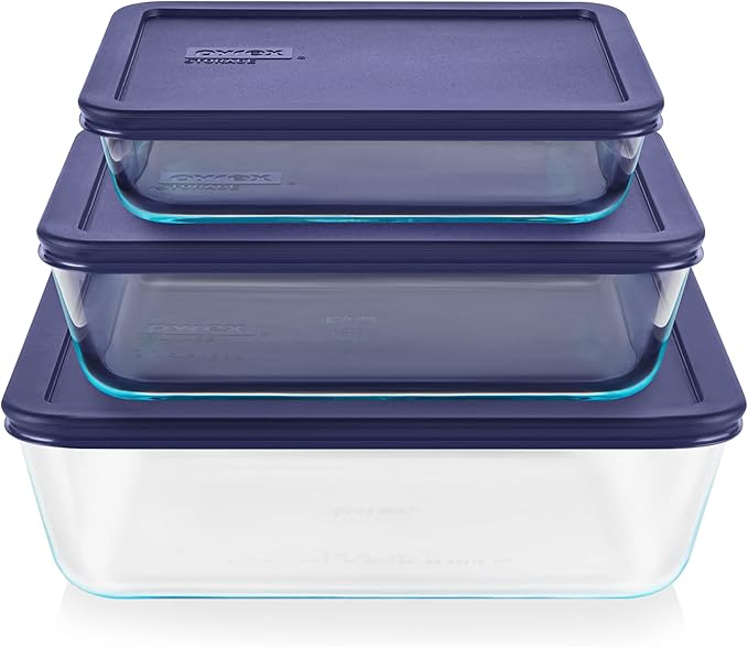 Pyrex Simply Store (3-Pack) Rectangular Glass Food Storage Containers Set, (3, 6 & 11 Cup) Meal Prep Containers With BPA-Free Lids, Dishwasher & Microwave Safe