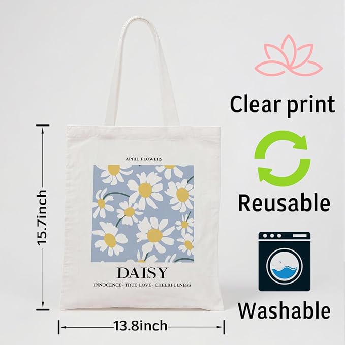 Flower Canvas Tote Bag, April Daisy Reusable Shoulder Bags, Gifts to Sister and Friends, Holiday Gift Bags for Wrap Storage, Casual Canvas Totes for Work Traveling