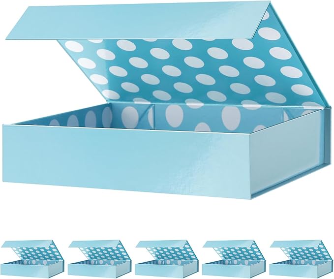 GREEN BEAN 6 Gift Boxes 11x7.8x2.3 Inches, Baby Blue With Lids for Presents, Magnetic Closure, Shirt Packaging for Clothes (Glossy Metallic, Polka Dot Design Inside)