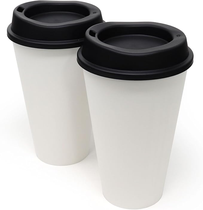 Rolling Sands USA Made 16 oz Reusable Coffee Cups with Lids 2 Pk, To Go Travel Cups, Hot or Cold Drinks, Dishwasher and Microwave Safe, White Cups, Black Lids