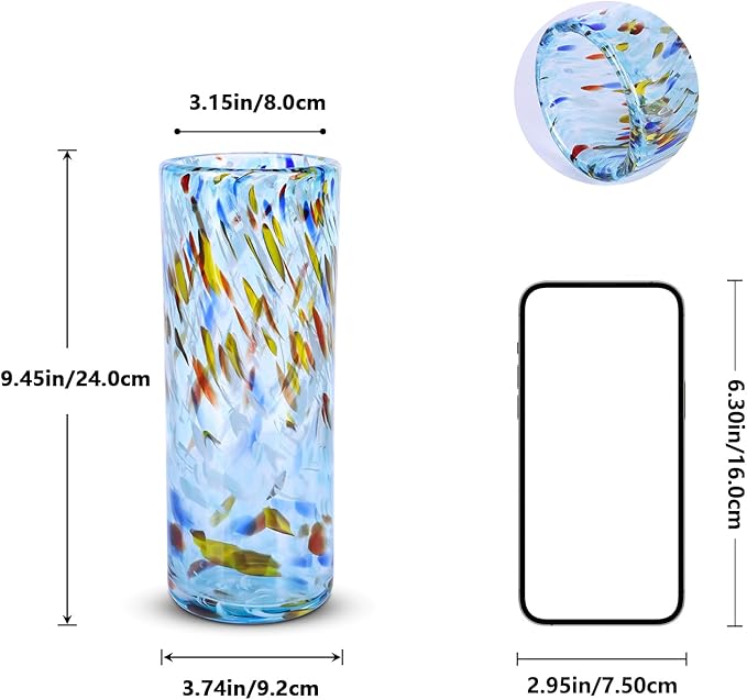 9.45" Tall Aqua Vase Hand Blown Glass Vase Green, Modern Aqua Home Centerpieces Wide Mouth Vases for Bud&Flower Decor - Ideal Living Room, Kitchen, Wedding, Dining Table, Office Center Table