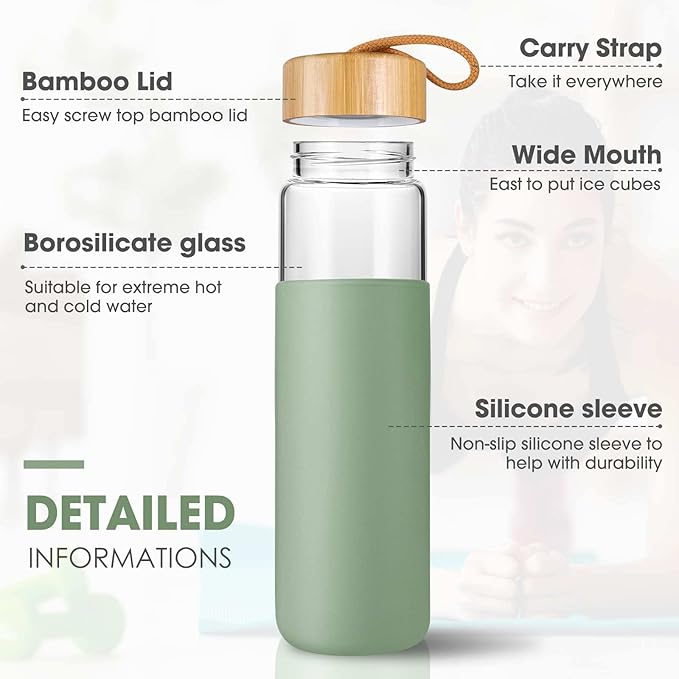 25 Oz Borosilicate Glass Water Bottles with Silicone Sleeve BPA Free, Dishwasher Safe - Reusable Clear Glass Drinking with Leak Proof Bamboo Lid | Perfect Gym Water Bottles for Men & Women