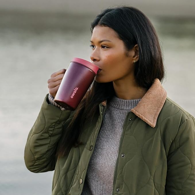 Owala SmoothSip Slider Stainless Steel Insulated Travel Mug with handle, 100% Leak Proof, For Hot and Cold Drinks, Travel Friendly with Sliding Lock Lid, 12oz, BPA Free, Leak Proof, Black Cherry