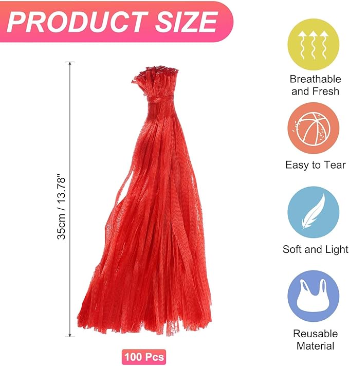 uxcell 100PCS Reusable Mesh Produce Bags, 13.8 Inches Egg Hatching Bags Washable Breathable Fruit Net Stretchable Mesh Netting Storage for Seafood Vegetable Onion Grocery Shopping, Red
