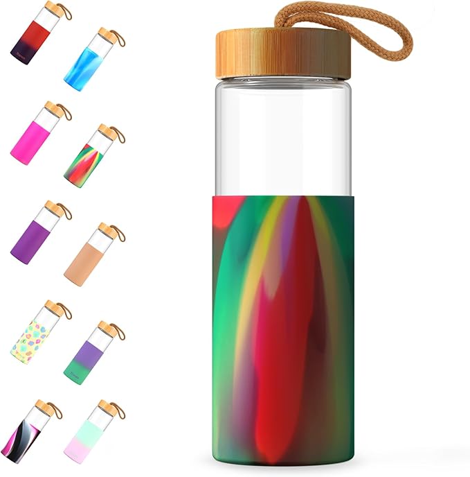 Tronco 24oz Glass Water Bottles with Bamboo Lid & Silicone Sleeve, Leak Proof, BPA Free, Reusable Borosilicate Glass Bottles for Juicing, Smoothies, Juice & Water, for Men & Women Gym, Office, Travel