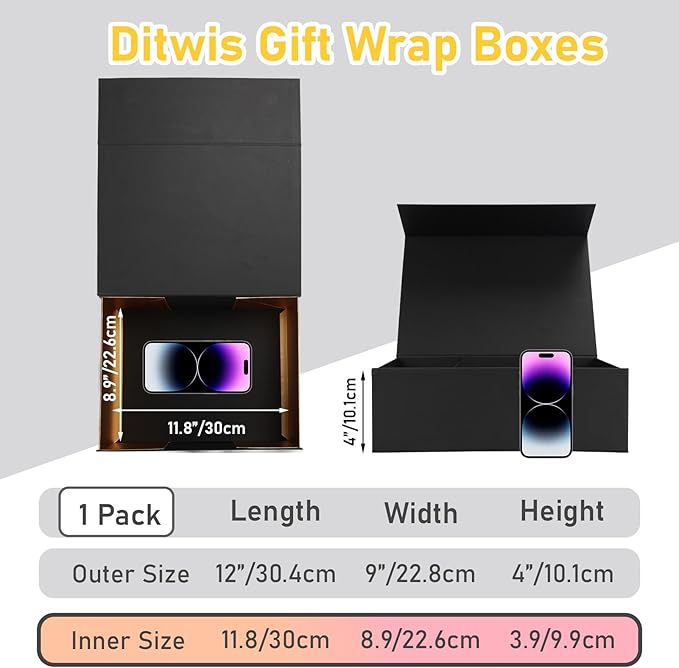 Ditwis 12x9x4 Inches Gift Box with Magnetic Closure Lid, Black-Gold Magnetic Box for Wedding, Groomsmen Bridesmaid Proposal, Birthdays, Mother's Day