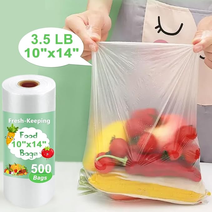 Plastic Produce Bags Roll, 10" x 14" Disposable Food Bag, Fresh-Keeping Plastic Bags for Food, Fruit, Vegetable, Refrigerator Storage, Kitchen, Supermarket, 1 Roll 500 Storage Bag