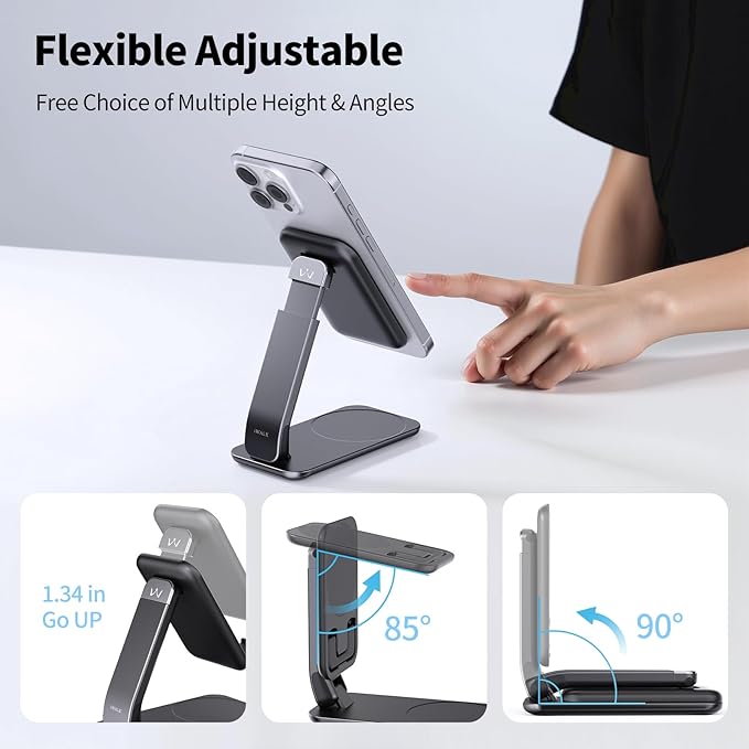 iWALK Magnetic Cell Phone Stand for Desk, Angle and Height Adjustable Mobile Phone Holder, Foldable Magnet Stand for iPhone 17 16 15 14 13 12 Pro Max and iPad, Cell Phone Holder for Samsung, Black