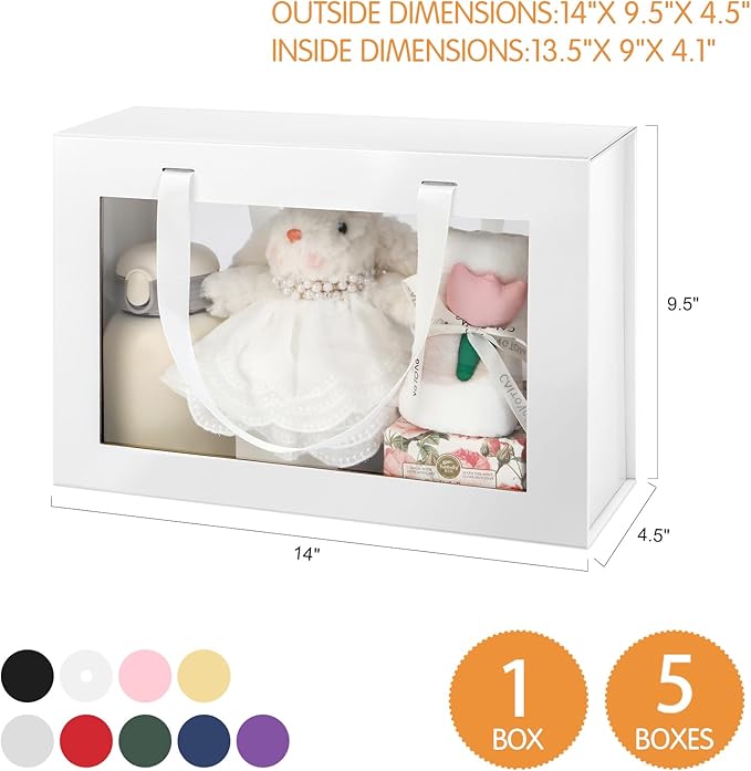 JINGUAN Large White Clear Gift Boxes, 13.5x9x4.1 Inches Gift Boxes with Windows by Handles, Bridesmaid Proposal Boxes, Collapsible Gift Boxes with Magnetic Closure (Glossy White, 5 Pack)