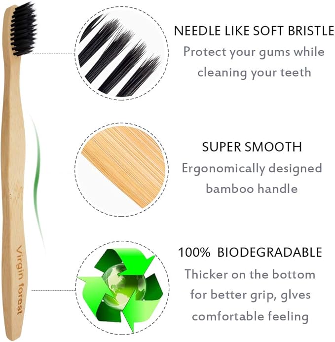 Virgin Forest Bamboo Toothbrushes, Eco-Friendly Soft Bristles Toothbrush, Biodegradable Wood Toothbrush Set of 6
