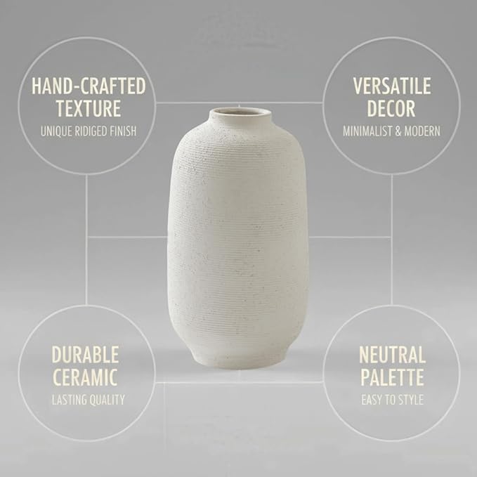 Large White Ceramic Vase, 10.8 inch Tall Textured Flower Vase, Minimalist Vintage Farmhouse Decor for Home, Living Room, Shelf, Table, Wedding Gift & Entryway Decoration (Sandstone White)