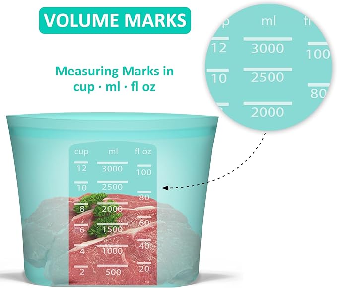 Reusable Food Storage Bags Extra Large, 0.8 Gallon/101 fl.oz/3000 ml, 4 Pack 100% Silicone Food Storage Bags Stand-Up Wide-Mouth Zip-Lock for Large Items, Freezer Microwave Oven Dishwasher Safe, Aqua