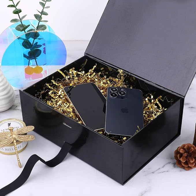Black Gift Boxes for Presents 10x7.3x3.5 Inches, Decorative Boxes with Ribbons, Empty Gift Boxes with Lid Magnetic Closure, Groomsman Boxes Christmas (Glossy Black)