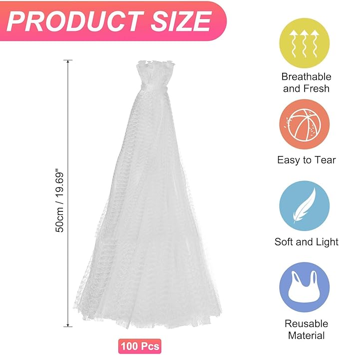 uxcell 100PCS Reusable Mesh Produce Bags, 19.7 Inches Egg Hatching Bags Washable Breathable Fruit Net Stretchable Mesh Netting Storage for Seafood Vegetable Onion Grocery Shopping, White