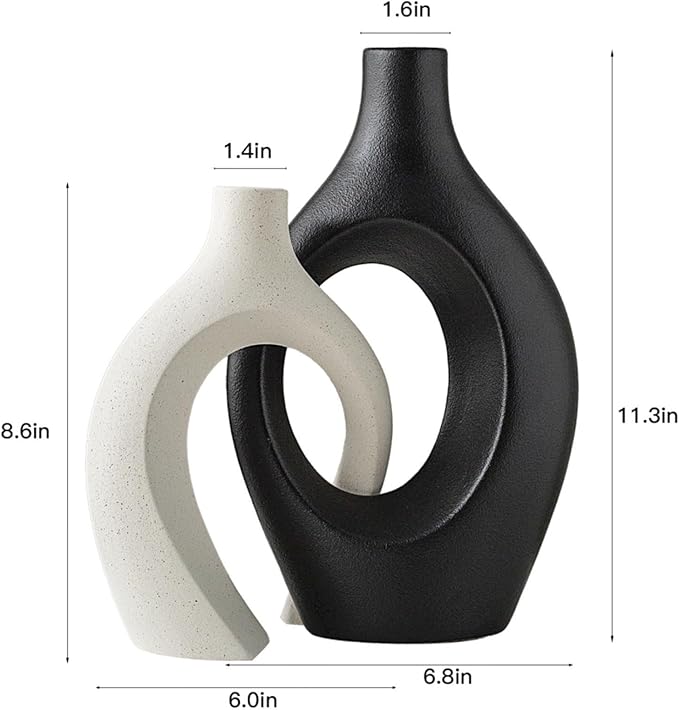 XL Black and Beige Snuggle Hollow Ceramic Vase of 2 for Coffee Table Decor, Modern Minimalist Aesthetic Donut Floral Vases, for Home Living Room Entryway Table Shelves Decorative (W 6.8" X H 11")