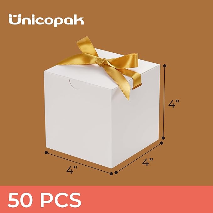 UnicoPak 50 Pack 4x4x4 White Gift Boxes, Elegant Small Gift Boxes with Lids for Birthday Wedding Holiday Christmas, Gift Box for Ornaments Treats Candle Mug Crafting