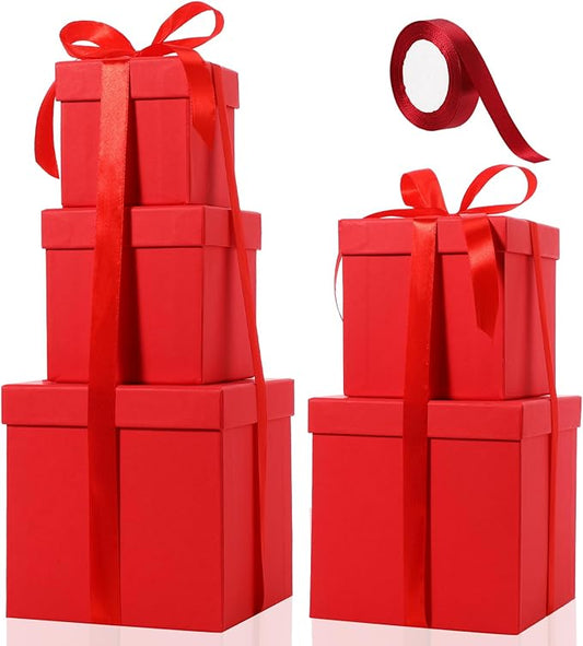 Cholemy 5 Pcs Square Nesting Boxes Decorative Gift Boxes with Lid and Ribbon Assorted Sizes Wrap for Wedding, Thanksgiving, Christmas, Anniversary, Birthday, Bridal Party(Bright Red)