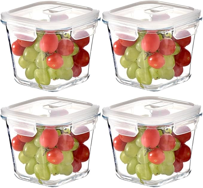 4 Cup Square Glass Food Storage Container with Lids, Square Glass Soup Container with Airtight Lids, 32 OZ Food Prep Bowls for Leftovers, Salad, Microwave、Fridge、Dishwasher Safe (4 Pack)
