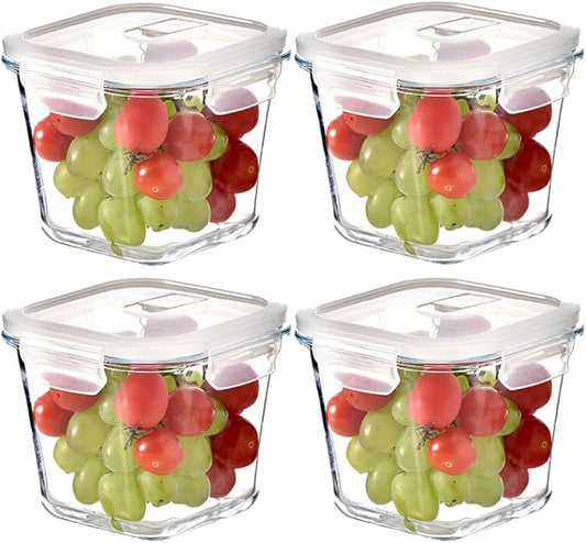 4 Cup Square Glass Food Storage Container with Lids, Square Glass Soup Container with Airtight Lids, 32 OZ Food Prep Bowls for Leftovers, Salad, Microwave、Fridge、Dishwasher Safe (4 Pack)