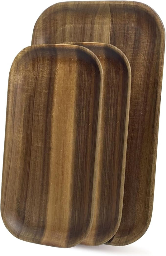 MinBoo Wooden Acacia Plates set of 3, 9-6Inch Wood Acacia Serving Trays, Farmhouse Kitchen Plates, Reusable Wooden Dishware for Dining, Appetizers, Snacks, Parties (rectangle)