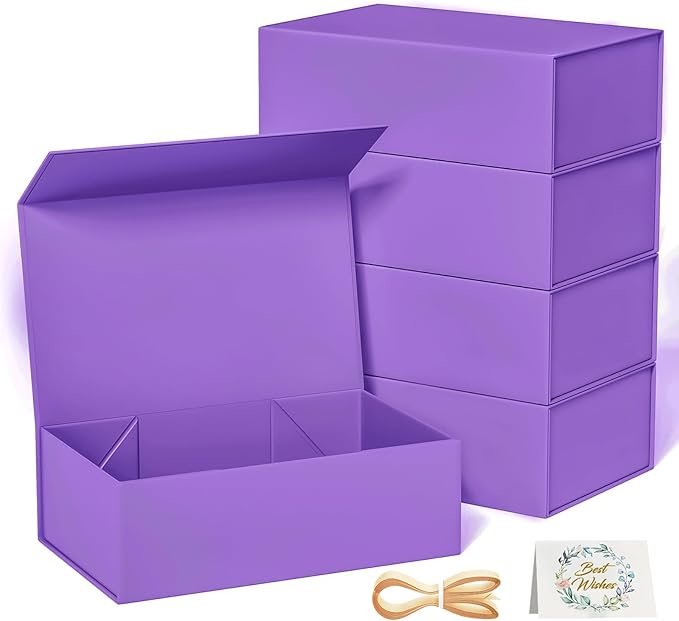 5 Pack Purple Gift Box, 9.5x6x3'' Gift box for Presents with Lids Magnetic Closure Rectangle Collapsible for Bridesmaid Proposal Box, Wedding, Christmas, Halloween, Birthday Gift Packging