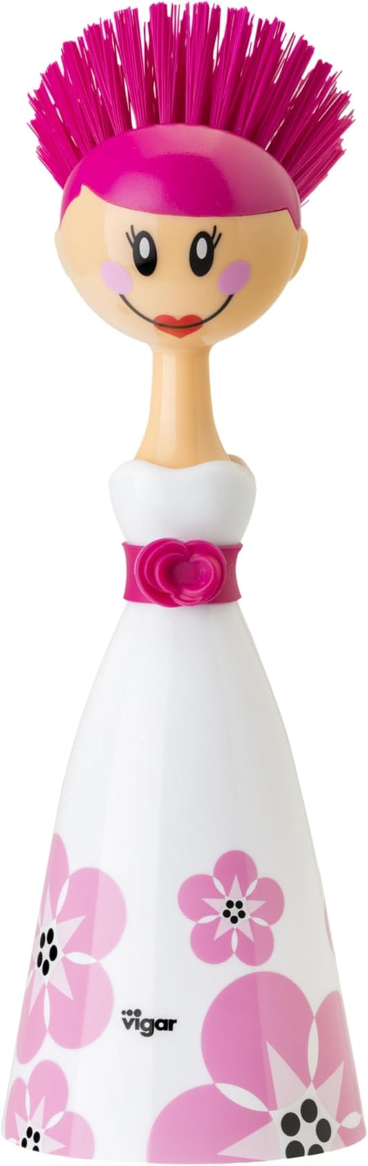 Vigar Dolls April Dish Brush with Ergonomic Handle and Dres-shaped Storage Holder - Scrub Brush for Pans, Pots, Kitchen Sink Cleaning, White, Pink