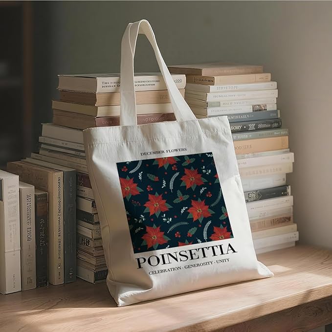 Flower Canvas Tote Bag, December Poinsettia Reusable Shoulder Bags, Christmas Gifts to Sister and Friends, Casual Canvas Totes for Work Traveling, Holiday Gift Bags for Wrap Storage