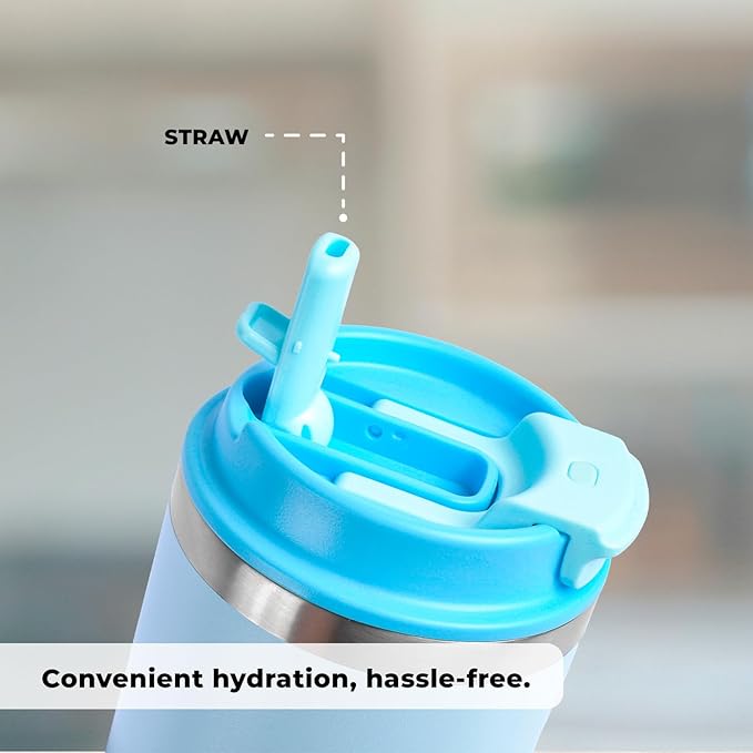 Insulated Stainless Steel Coffee Mug 16 oz with Flip Straw Lid Double Wall Vacuum Travel Tumbler for Hot and Cold Drinks Leakproof Portable Reusable Cup for Work Camping Hiking School Gym Ocean Mist