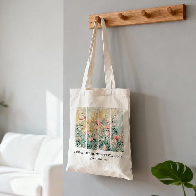Funny Canvas Tote Bag, His Mercies Are New Every Morning Tote Bag, Christian Canvas Totes for Work Traveling, Reusable Grocery Shoulder Shopping Bags, Christmas Gifts to Women Friends
