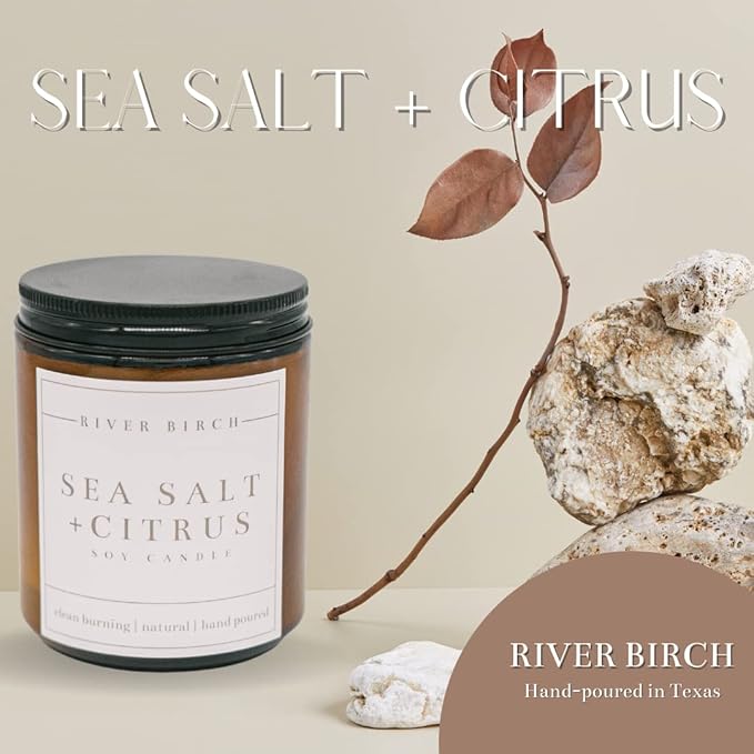 River Birch Candles Sea Salt & Citrus Scented Candle | Premium, All-Natural, Non-Toxic, Soy Amber Jar Candles | 8.5oz 40 Hr Burn Time | Cozy Relaxing Gifts for Home