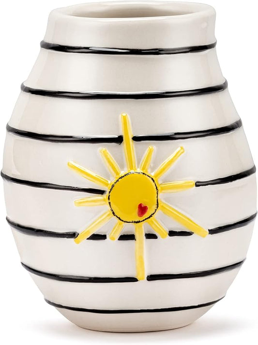 DEMDACO Black and White Stripe Yellow Sun 4 x 5 Stoneware Mini Decorative Vase