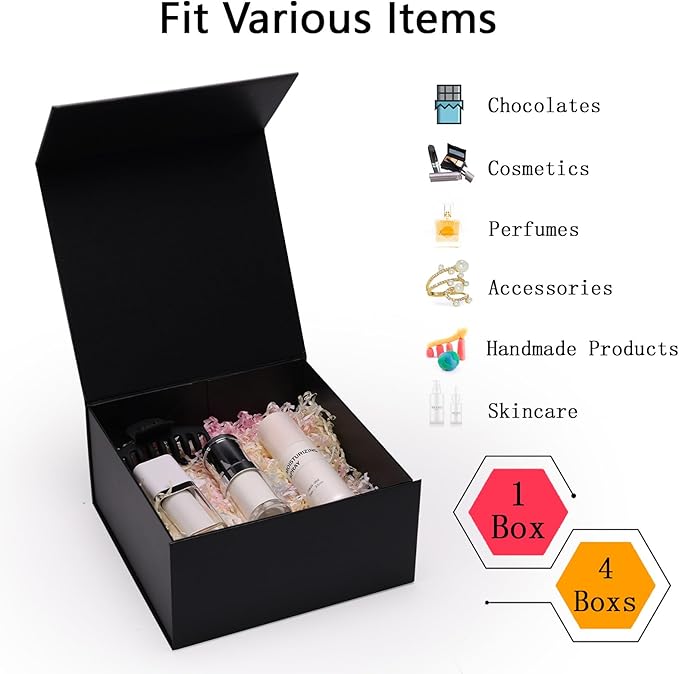 8x8x4 Inches Gift Box with Magnetic Closure Lid, Black Magnetic Box for Wedding, Groomsmen Bridesmaid Proposal, Birthdays, Mother's Day, 1 Pack