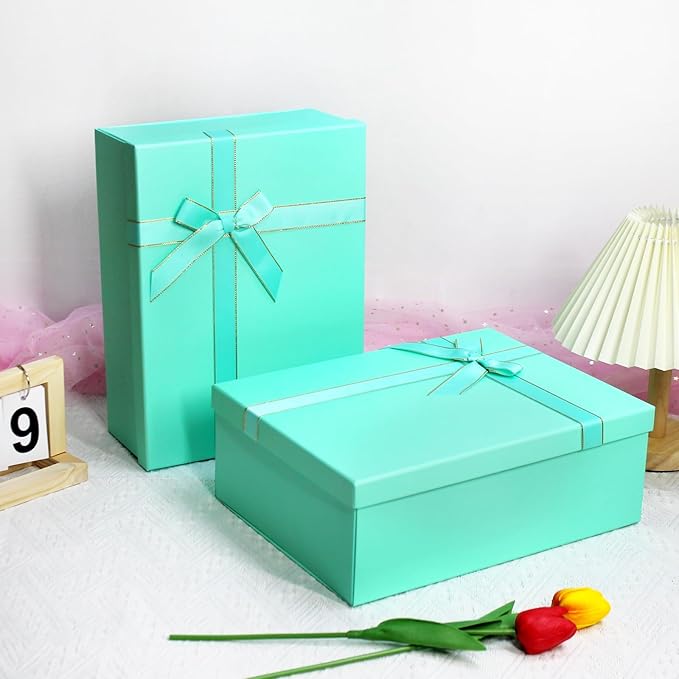 Green Gift Boxes with Lids for Presents, 2 Pack 13"x10"x5" Large Gift Boxes, Foldable Gift Wrap Boxes, Versatile Empty Gift Box for Birthday, Anniversaries, Weddings, Any Occasion