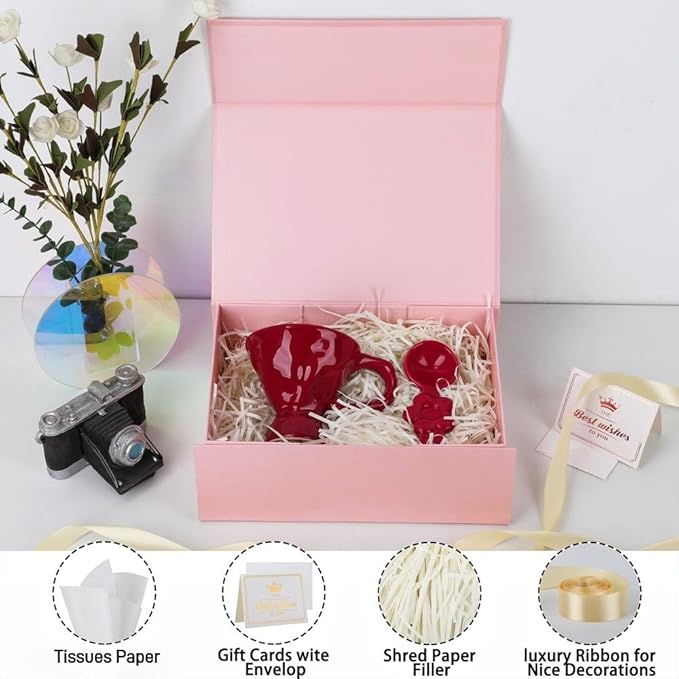 UoeRing 1 Pcs Pink Gift Box 11.5x8x4 inch Luxury Gift Box for Presents with Magnetic Lid Collapsible,Birthday,Christmas,Contains Card, Ribbon, Tissue Paper,Shredded Paper Fille