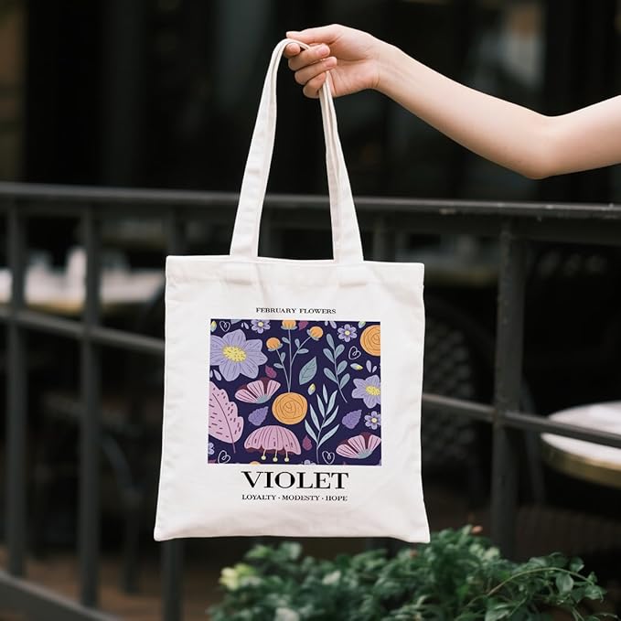 Flower Canvas Tote Bag, February Violets Reusable Shoulder Bags, Gifts to Friends and Family, Holiday Gift Bags for Wrap Storage, Casual Canvas Totes for Work Traveling