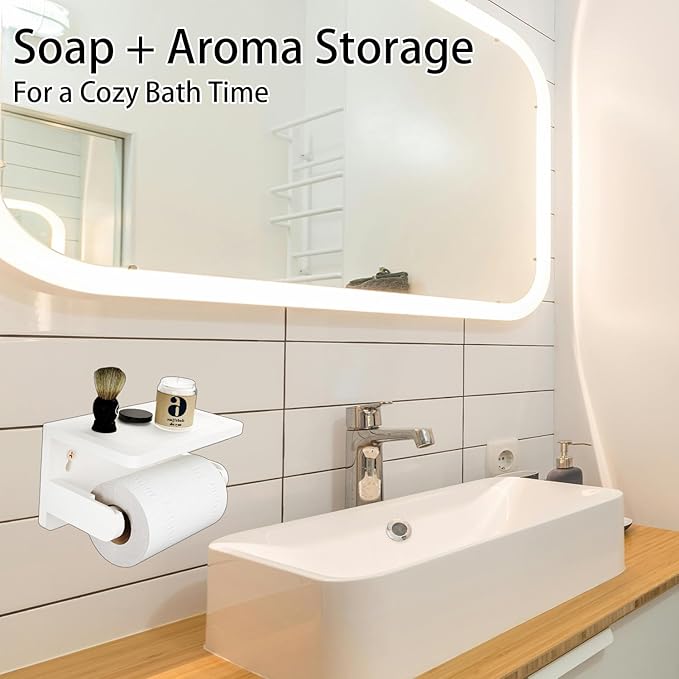 Drill-Free Toilet Paper Holder with Phone Shelf Bamboo Wall-Mounted, No-Drill & Drillable, Bathroom Storage Organizer, Space Saver Tissue Roll Rack for Bathroom, Kitchen, Home Decor (White)