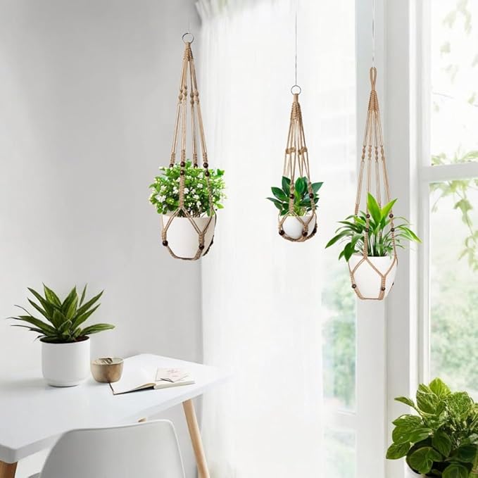 3 Pack Macrame Plant Hanger,Hanging Plant Holder, Boho Home Decor Hanging Basket with Wood Beads,Hanging Planters for Indoor Plants,Plant Hanger Indoor 35"/29"/23" Brown (POTS NOT Included)