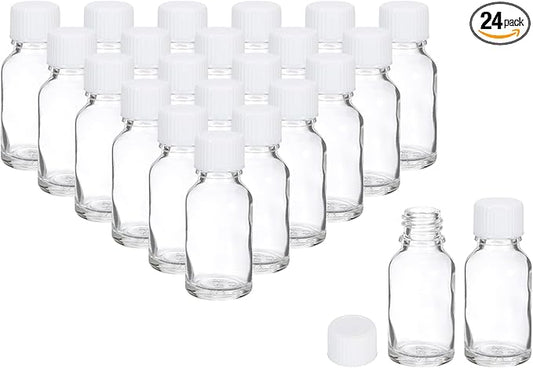 PATIKIL 0.5oz(15ml) Glass Sample Bottles, 24Pcs Round Bottle Dispensing Bottles with White Poly Cone Cap for Reagent Liquids, Juice, Perfume Hot Sauce Ginger Shots, Transparent
