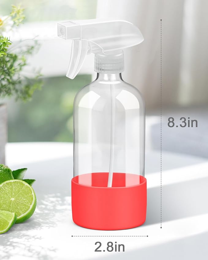 Glass Spray Bottles with Silicone Sleeve Protection, Empty 16OZ Reusable Spray Bottles, Refillable Containers with Spray Nozzles for Cleaning Solutions, Plants and Essential Oils 1 Pack Red