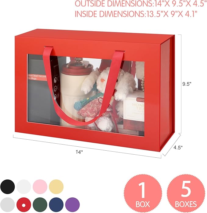 JINGUAN Large Red Clear Gift Boxes, 13.5x9x4.1 Inches Gift Boxes with Windows by Handles, Bridesmaid Proposal Boxes, Collapsible Gift Boxes with Magnetic Closure (Glossy Red, 5 Pack)