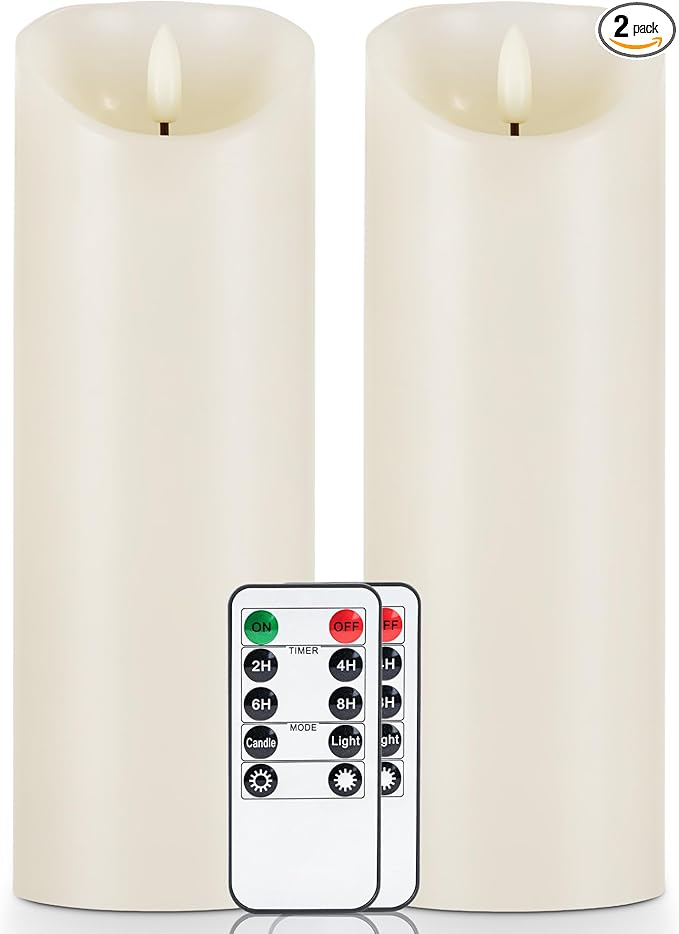 5plots 9" x 3" Flickering Flameless Candles - Battery Operated Wax LED Candles - Amber Yellow Light with Remote and Timers Set of 2, Ivory, for Home Decor, Candle Sconces