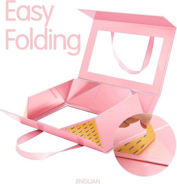 Large Pink Clear Gift Box, 13.5x9x4.1 Inches Gift Box with Window by Handle, Bridesmaid Proposal Box, Collapsible Gift Box with Magnetic Closure (Glossy Pink, 1 Pack)