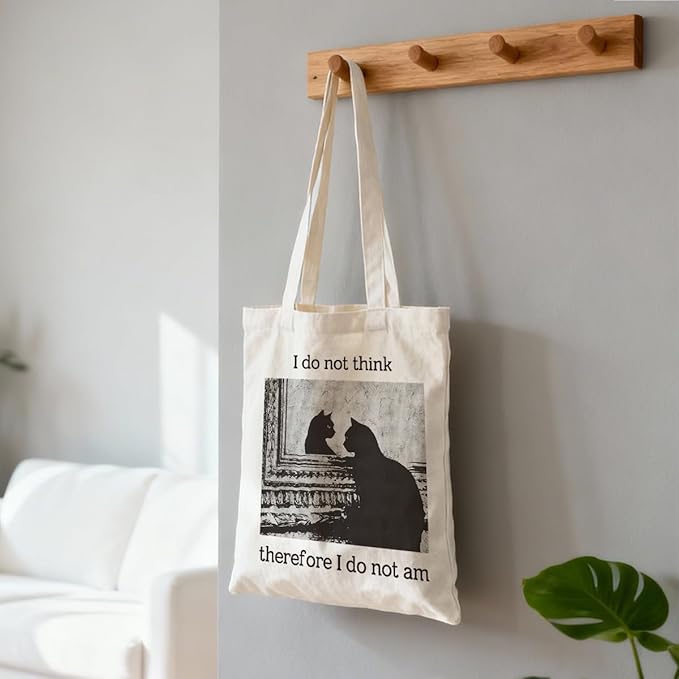 Funny Cat Canvas Tote Bag, I Do Not Think Therefore I Do Not am Reusable Shoulder Bags, Christmas Gifts to Sister and Friends, Casual Canvas Totes for Work Traveling