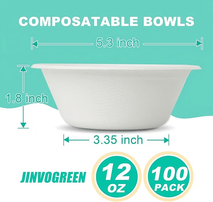 100 Count 12 oz Paper Bowls, Disposable Compostable Bowls, Heavy Duty Biodegradable Bagasse Bowl for Snacks, Soup, and Salads, White