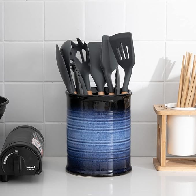 Nihow Kitchen Utensil Holder: 7.2 Inch Extra Large Ceramic Utensil Holder for Countertop - Stable Utensil Crock for Kitchen Counter Decor - Elegant Blue & Black (1PC)