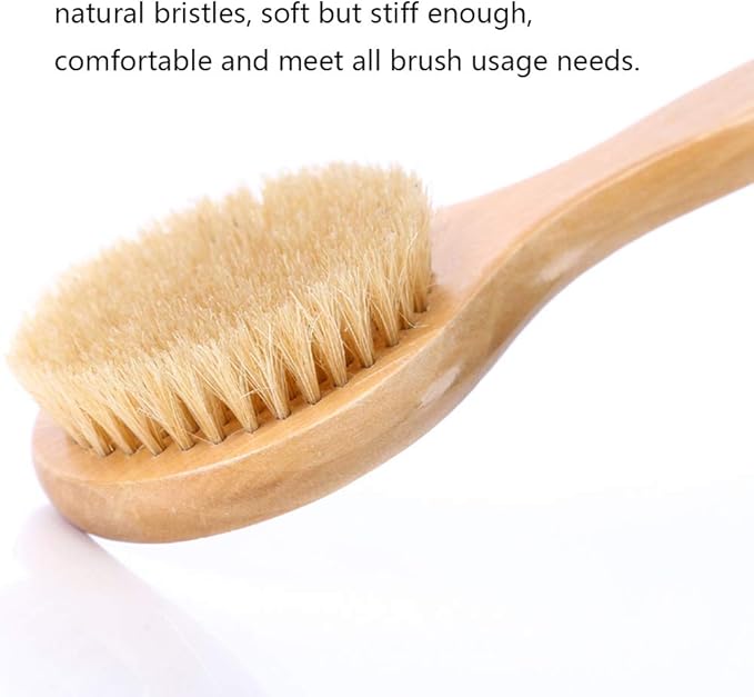 Dry Bath Body Brush 12.6", Long Handle Natural Bristles Shower Brush Back Scrubber with Anti-Slip Wooden Handle, Good for Exfoliating, Blood Circulation, Detox and Cellulite, etc.